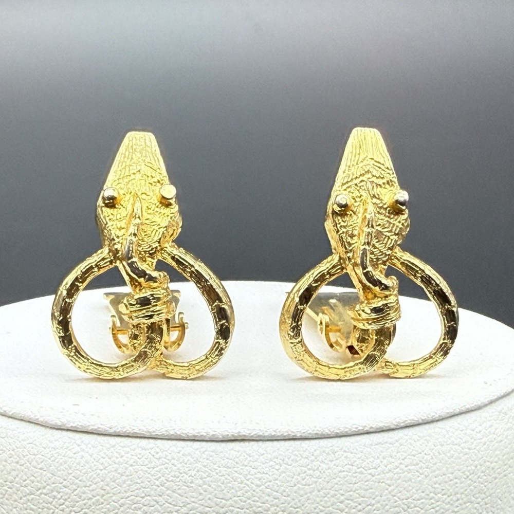 Vintage Gold Tone Snake Door Knocker Clip On Earrings Egyptian Revival Statement